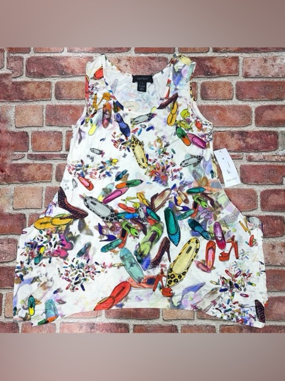 New Karen Kane SAGEBRUSH Handkerchief Tank Shoe Print White Colorful Size S